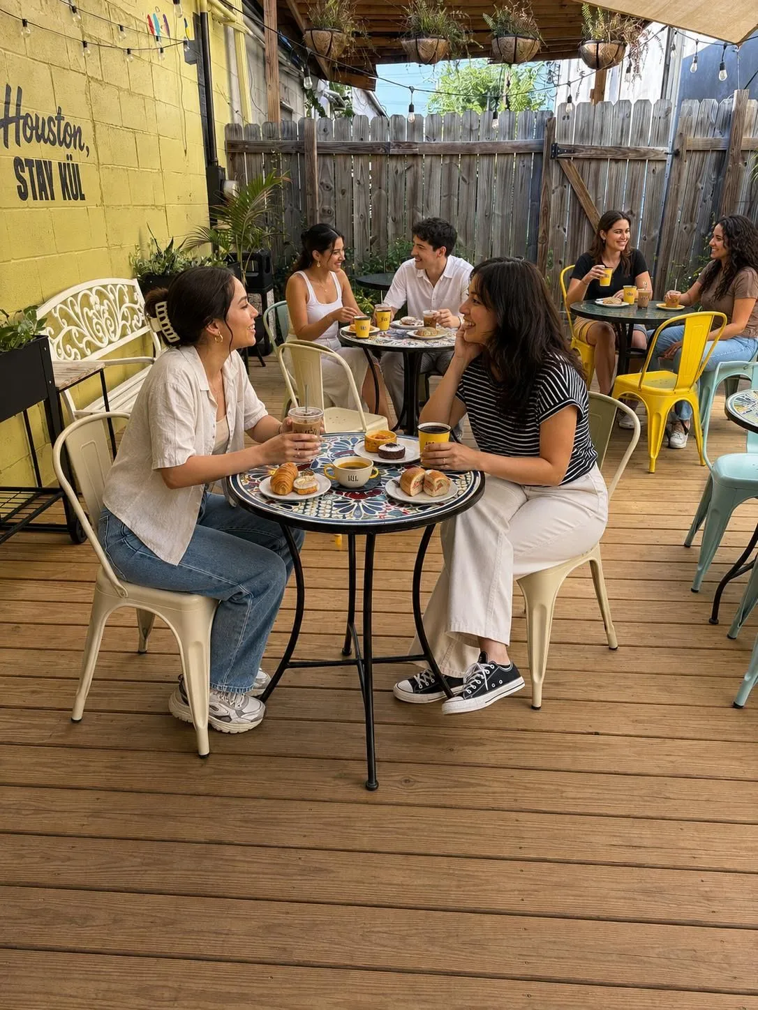 Guests enjoying coffee together on the Houston patio beneath string lights.