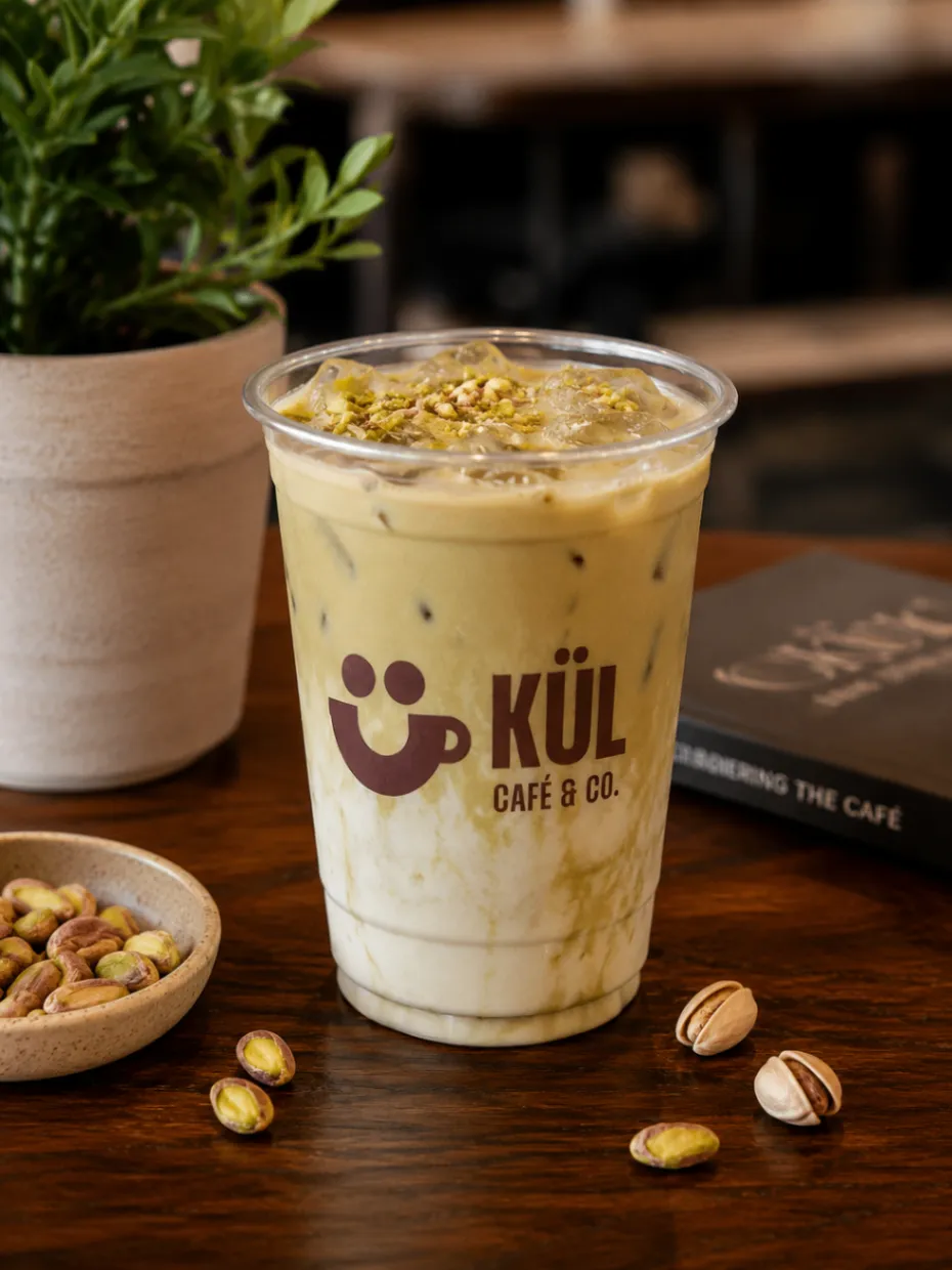 Iced pistachio latte in a Kül cup surrounded by pistachios.